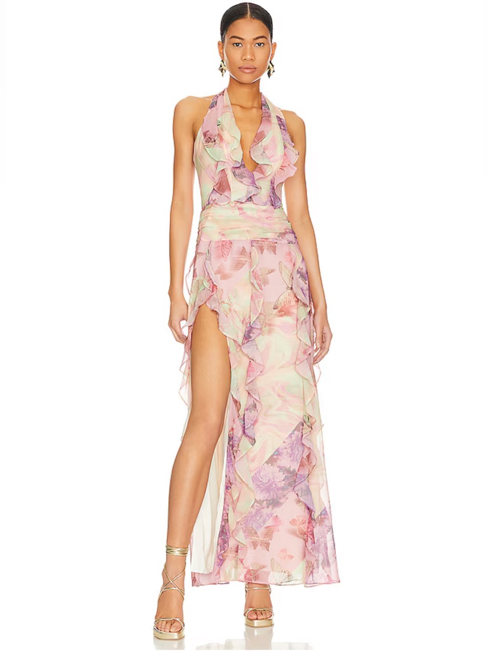 NBD || Divya Maxi Dress Ruffle Halter Gown Patchwork Multi Butterfly Pink S NWT